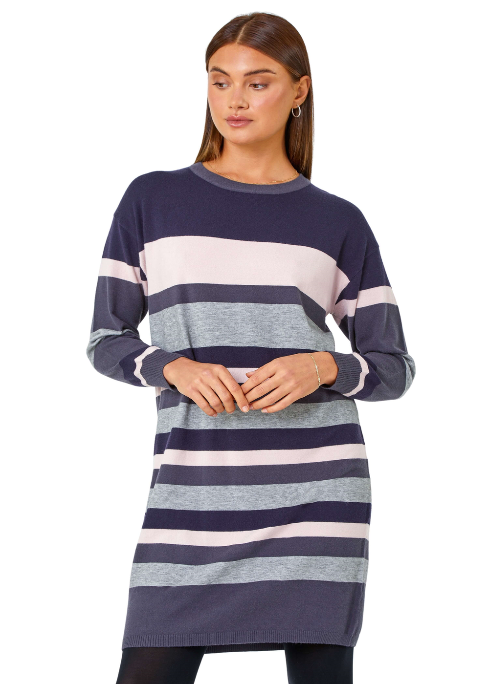 Roman Navy Stripe Print Knitted Jumper Dress - Size 22 Image 1