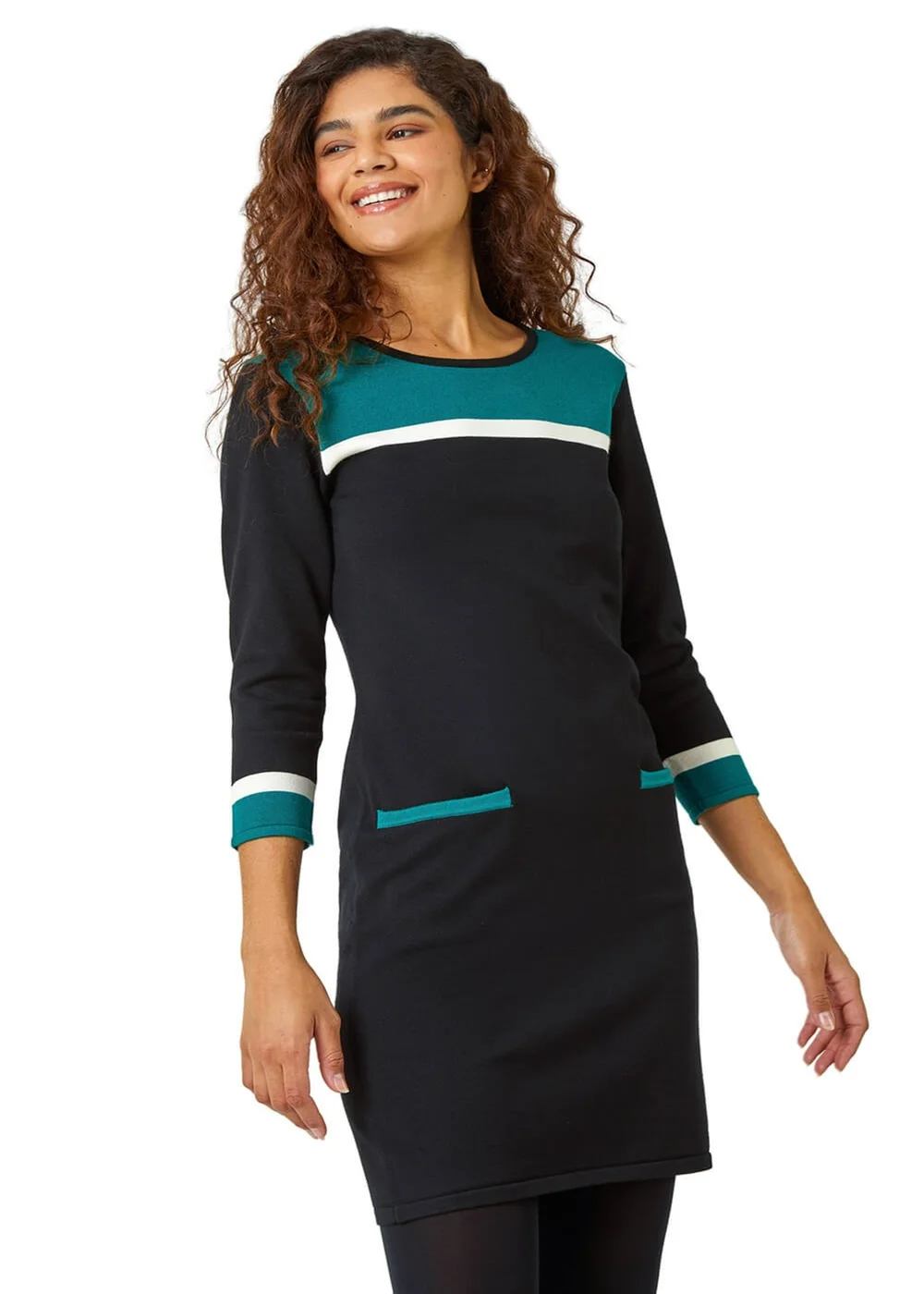 Roman Green Colour Block Knitted Shift Dress - 10 Image 1