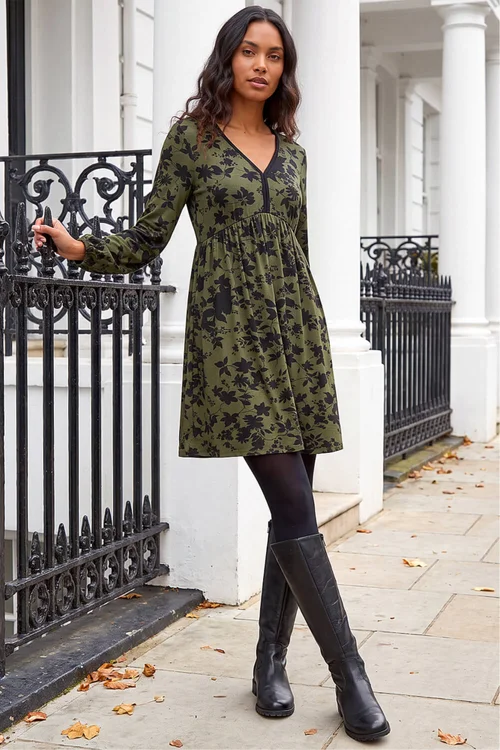 Roman Khaki Floral Contrast Trim Stretch Dress - 10 Image 1