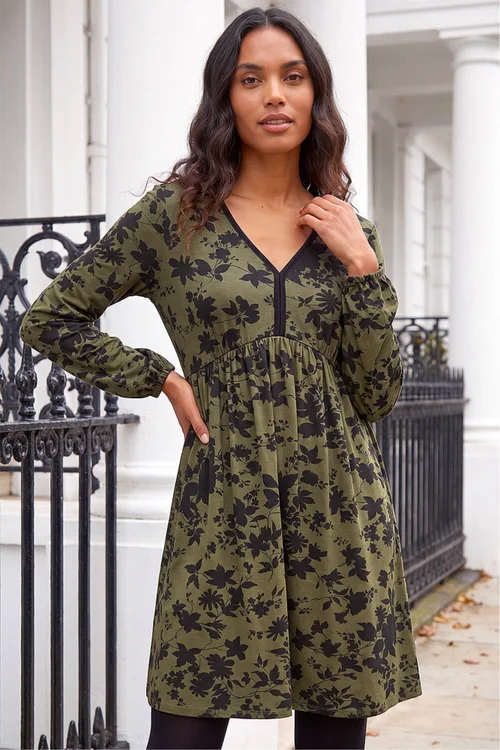 Roman Khaki Floral Contrast Trim Stretch Dress - 10 Image 2
