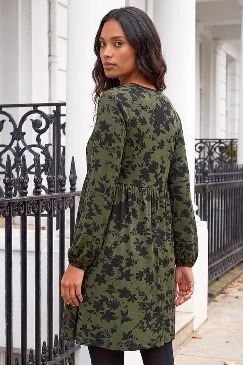 Roman Khaki Floral Contrast Trim Stretch Dress - 10 Image 3