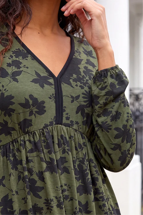Roman Khaki Floral Contrast Trim Stretch Dress - 10 Image 4