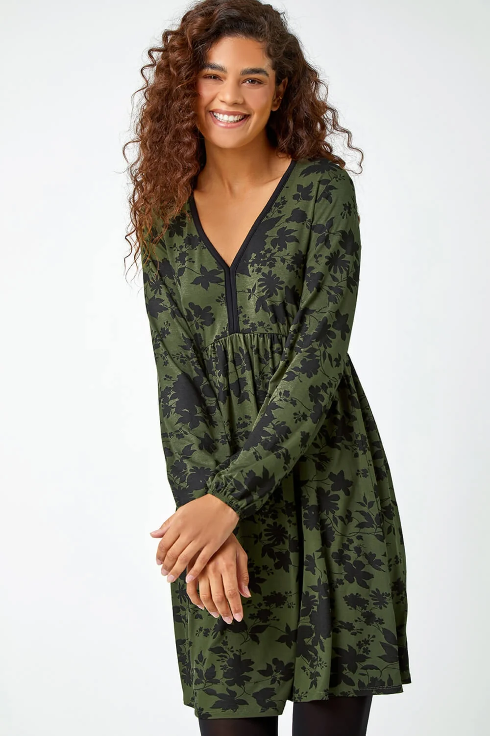 Roman Khaki Floral Contrast Trim Stretch Dress - 16 Image 1