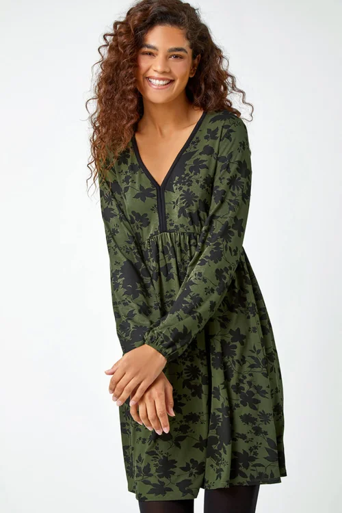 Roman Khaki Floral Contrast Trim Stretch Dress - 16 Image 1