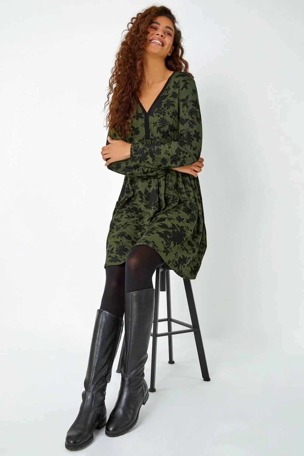 Roman Khaki Floral Contrast Trim Stretch Dress - 16 Image 2