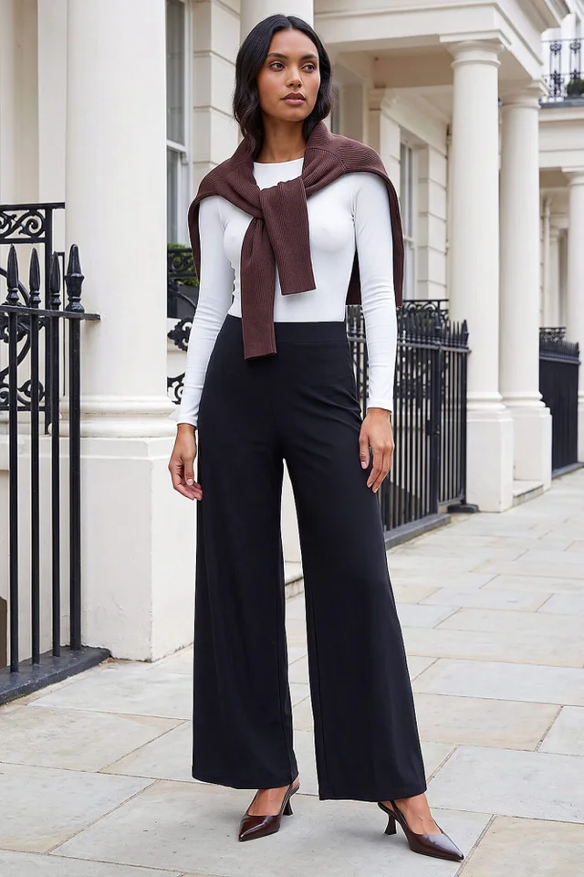 Roman Black Elastic Waist Wide Leg Stretch Trousers