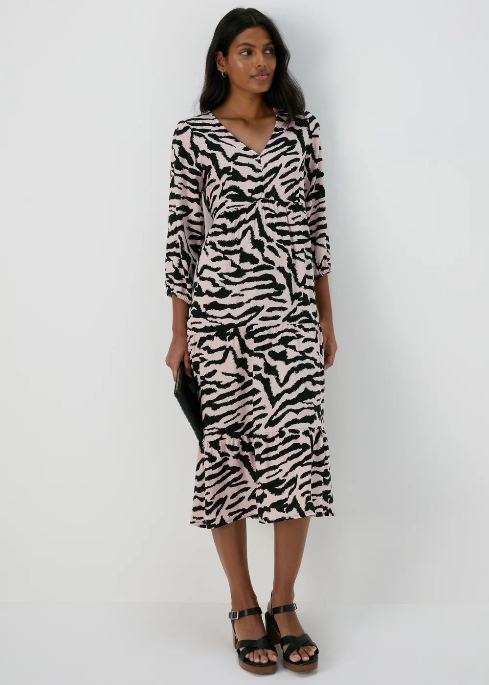 Black Animal Print Mono Tiered Midi Dress - 8 Image 4