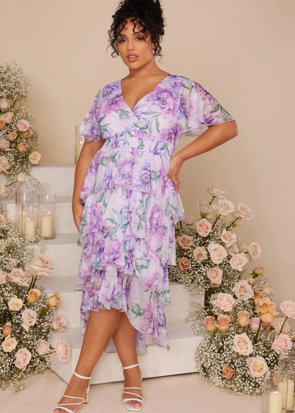 Quiz Purple Curve Floral Dip Hem Tiered Midi Dress - 16 | Matalan Quiz Purple Curve Floral Dip Hem Tiered Midi Dress - 16 | Matalan