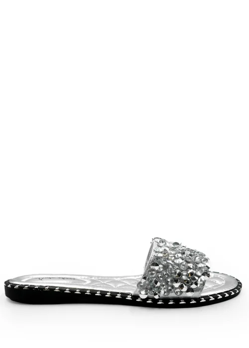 Where's That From Silver Belle Diamante Sparkly Flat Sliders - 3 Image 1