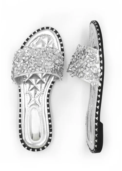 Where's That From Silver Belle Diamante Sparkly Flat Sliders - 3 Image 2