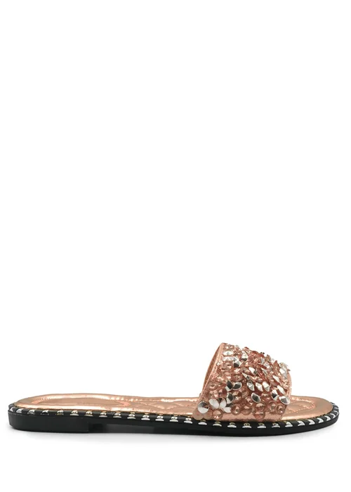 Where's That From Rose Gold Belle Diamante Sparkly Flat Sliders - 3 Image 1