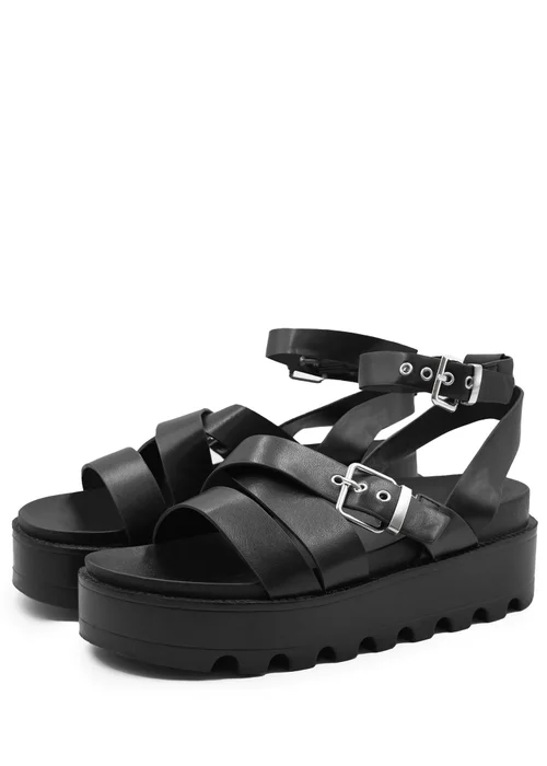 Where's That From Black Pu Layla Buckle Strap Platform Sandals - 3 Image 2