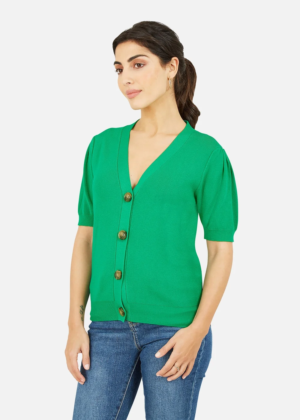 Yumi Green Short Sleeve Knitted Cardigan - S Image 1
