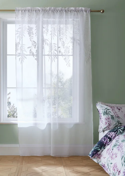 Catherine Lansfield Wisteria Floral Slot Top Voile Curtain Panel - 55W X 48D (140x122cm) Image 1
