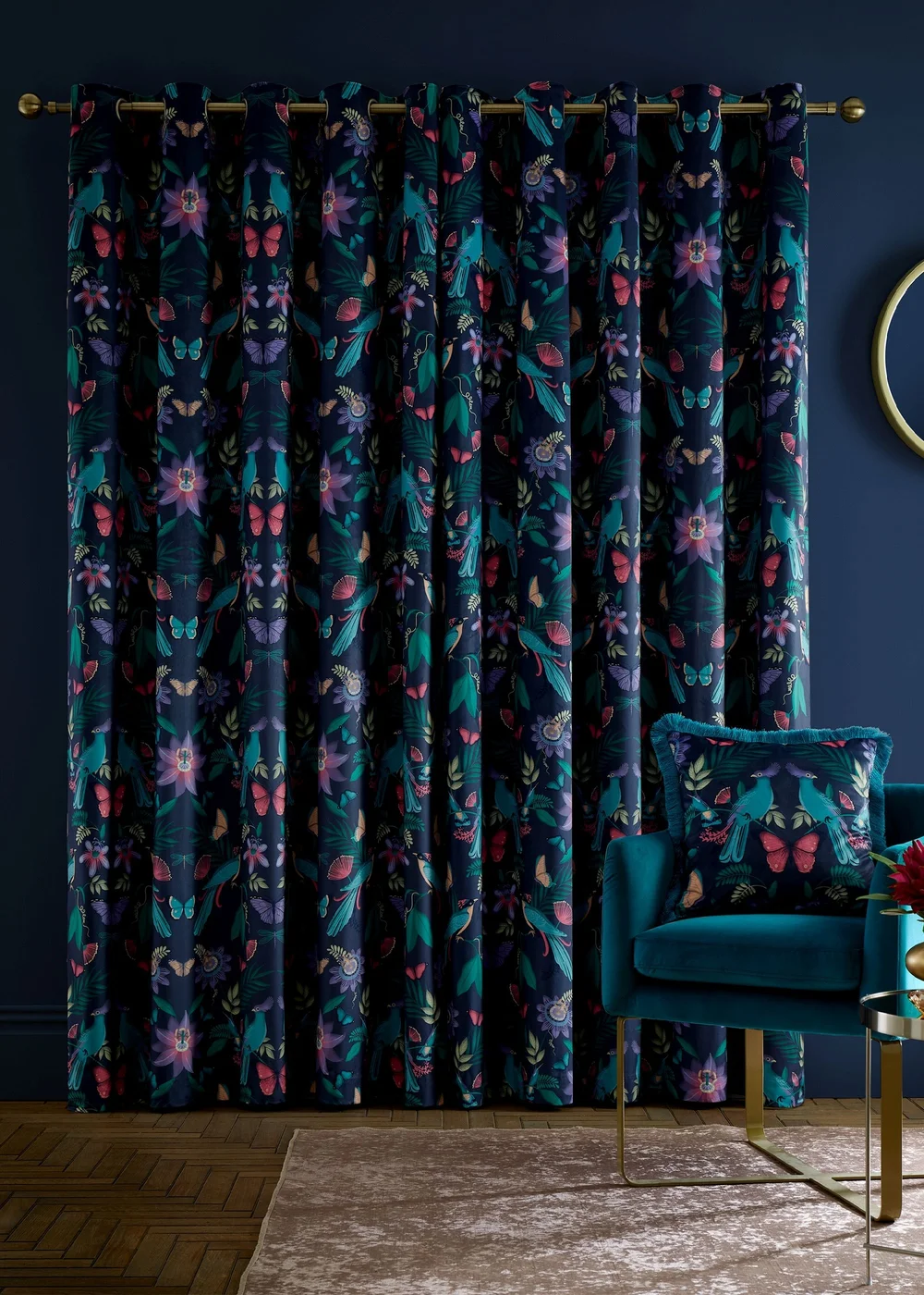 Catherine Lansfield Mya Tropical Birds Eyelet Curtains Navy Blue - 46W X 54D (117x137cm) Image 2