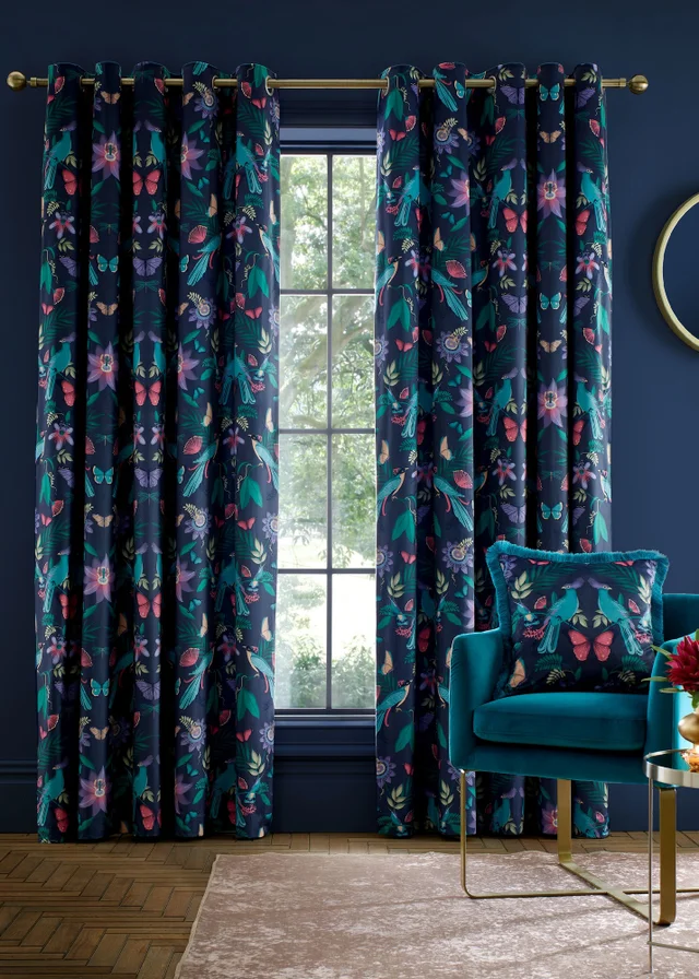 Catherine Lansfield Mya Tropical Birds Eyelet Curtains Navy Blue
