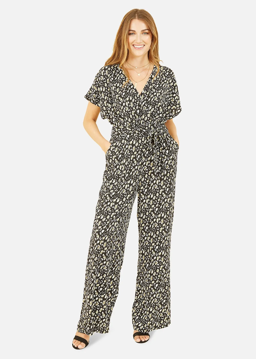 Yumi Black Animal Print Kimono Jumpsuit - Size 8 Image 1