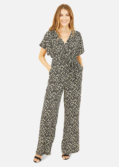 Yumi Black Animal Print Kimono Jumpsuit - Size 8 Image 1
