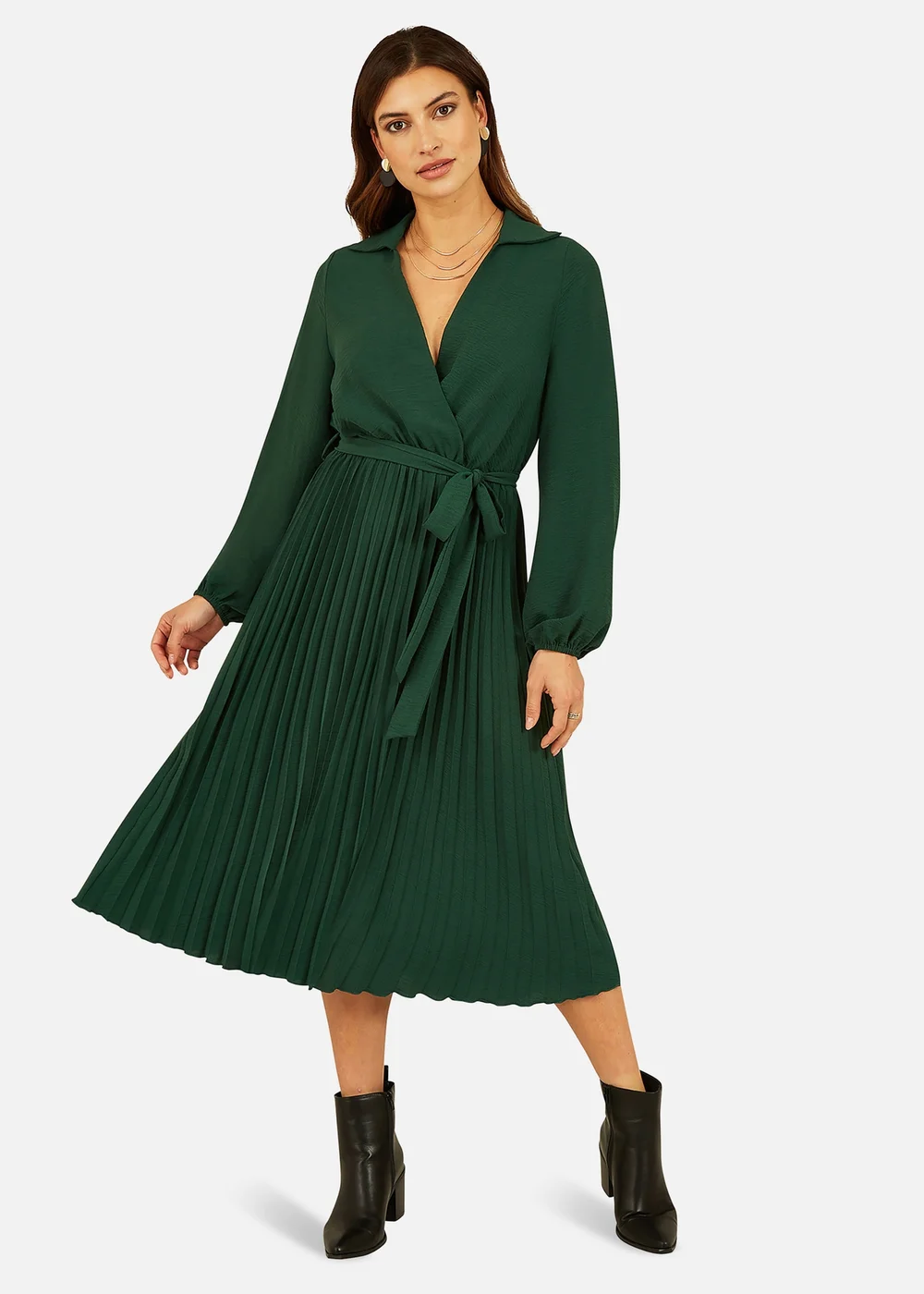 Mela Green Long Sleeve Wrap Pleated Midi Dress - 14 | Matalan Mela Green Long Sleeve Wrap Pleated Midi Dress - 14 | Matalan
