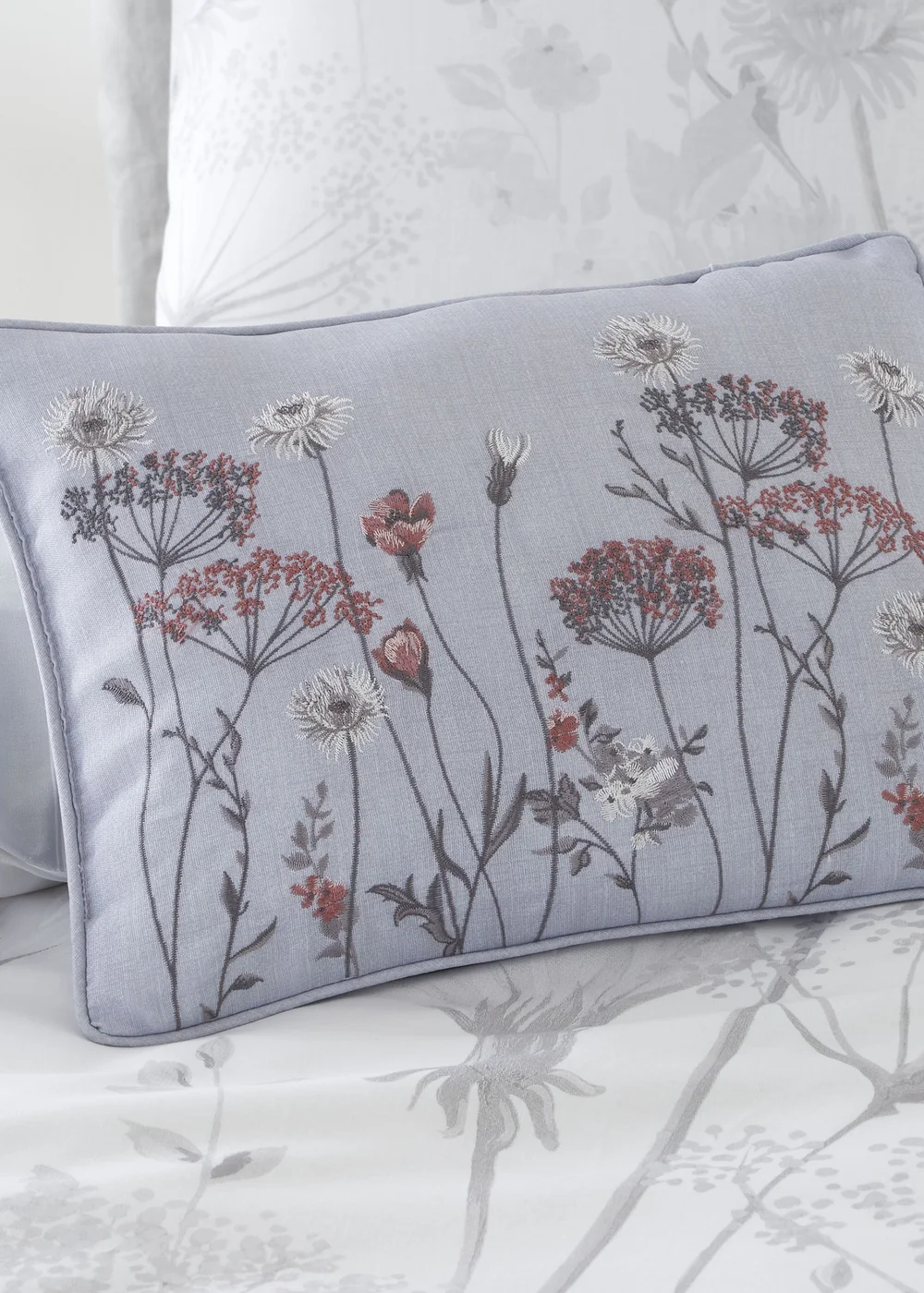 Catherine Lansfield Meadowsweet Floral Embroidered 30x40cm Cushion Grey - One Size Image 2