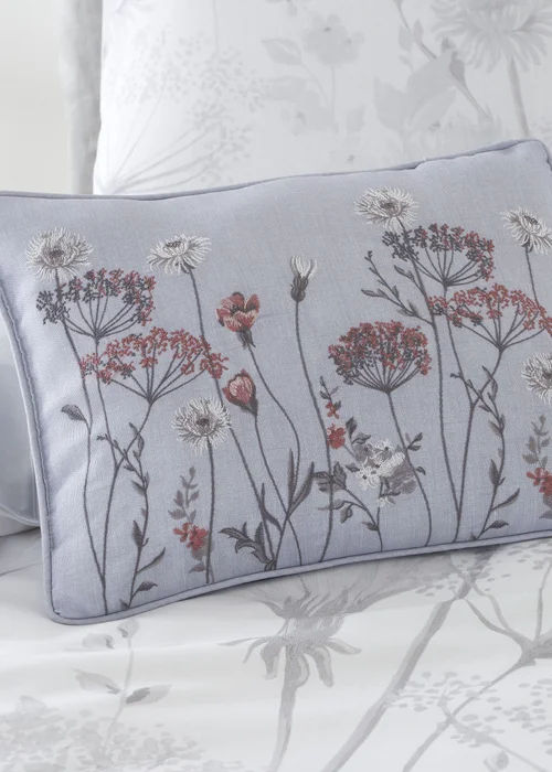 Catherine Lansfield Meadowsweet Floral Embroidered 30x40cm Cushion Grey - One Size Image 2