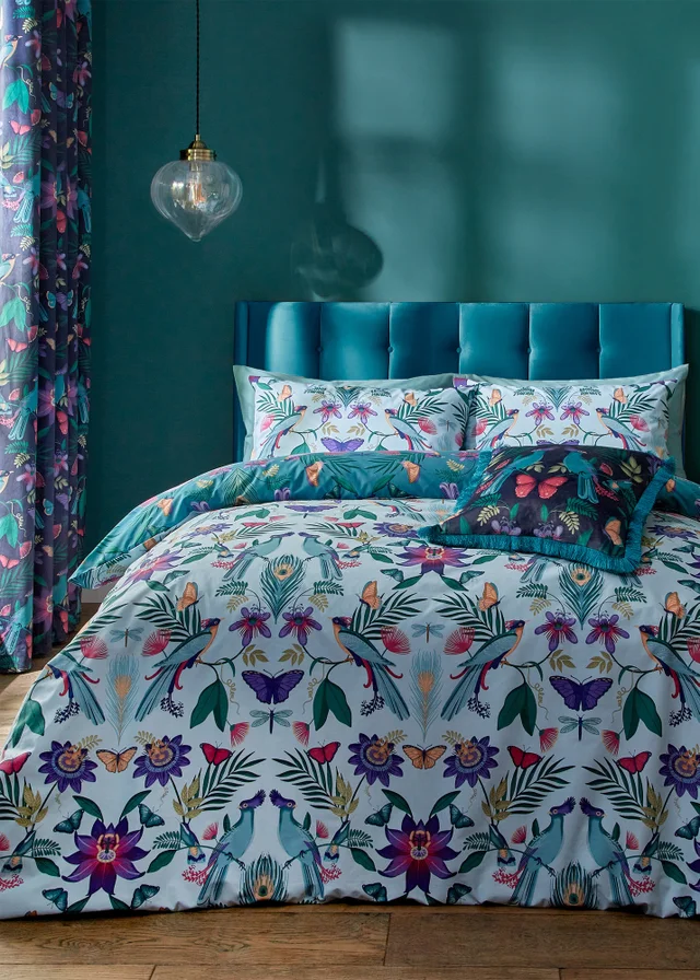 Catherine Lansfield Mya Tropical Floral Reversible Duvet Cover Set Duck egg Blue