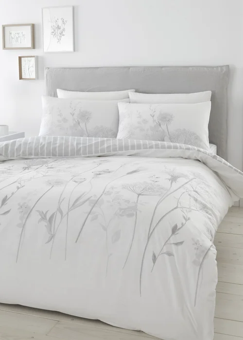 Catherine Lansfield Meadowsweet Floral Reversible Duvet Cover Set White Grey - Single Image 1