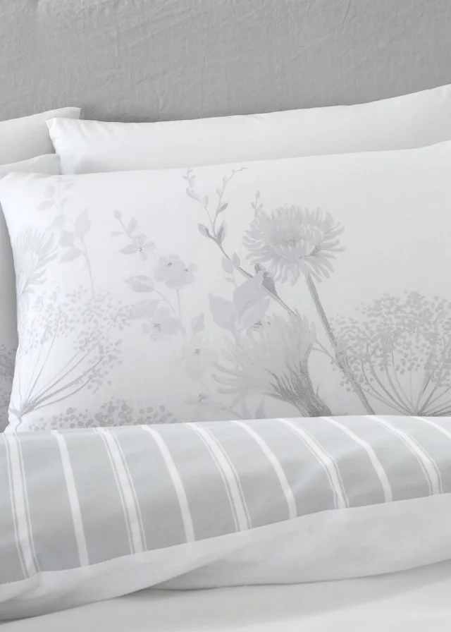 Catherine Lansfield Meadowsweet Floral Reversible Duvet Cover Set White Grey