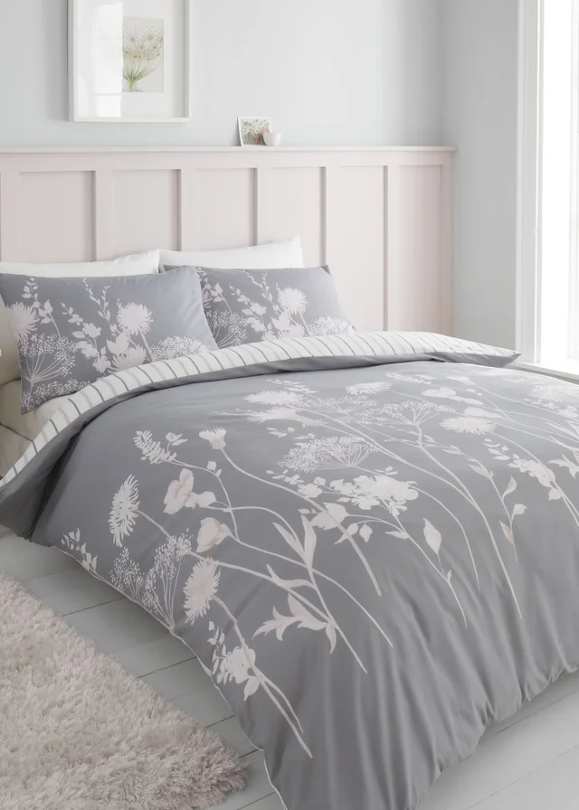 Catherine Lansfield Meadowsweet Floral Reversible Duvet Cover Set Grey Pink