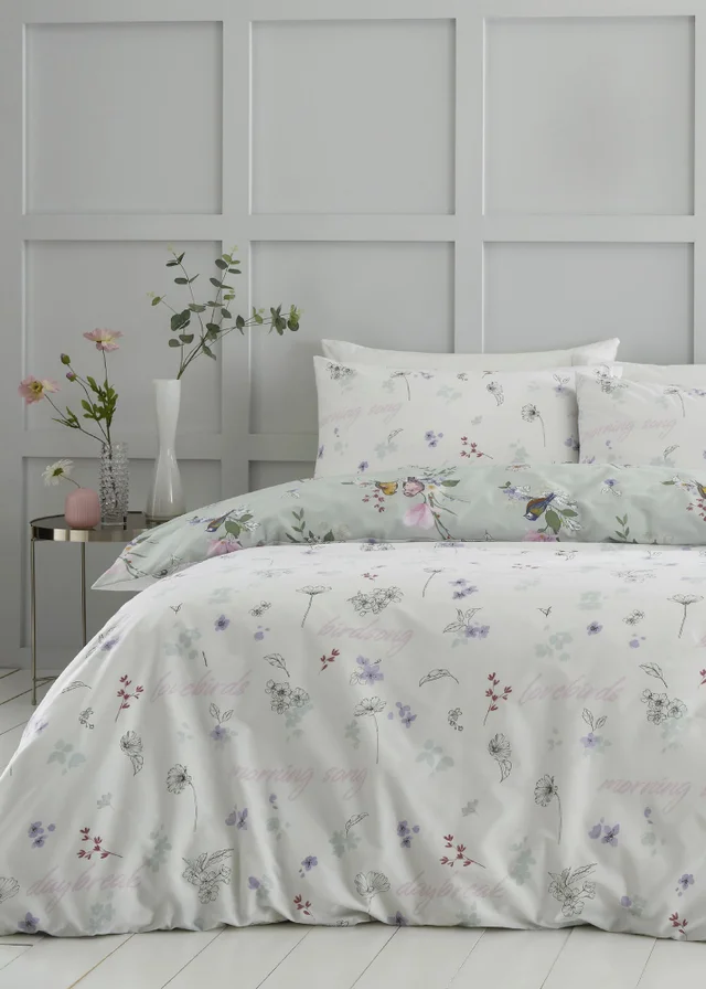 Catherine Lansfield Songbird Reversible Duvet Cover Set Sage Green