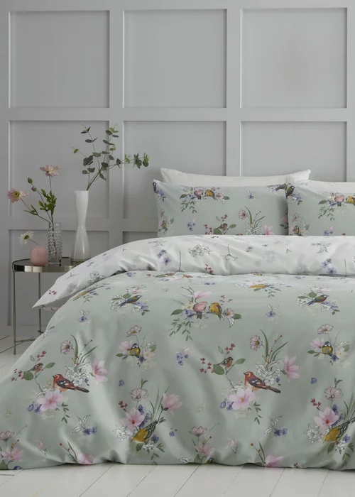 Catherine Lansfield Songbird Reversible Duvet Cover Set Sage Green - Single Image 1