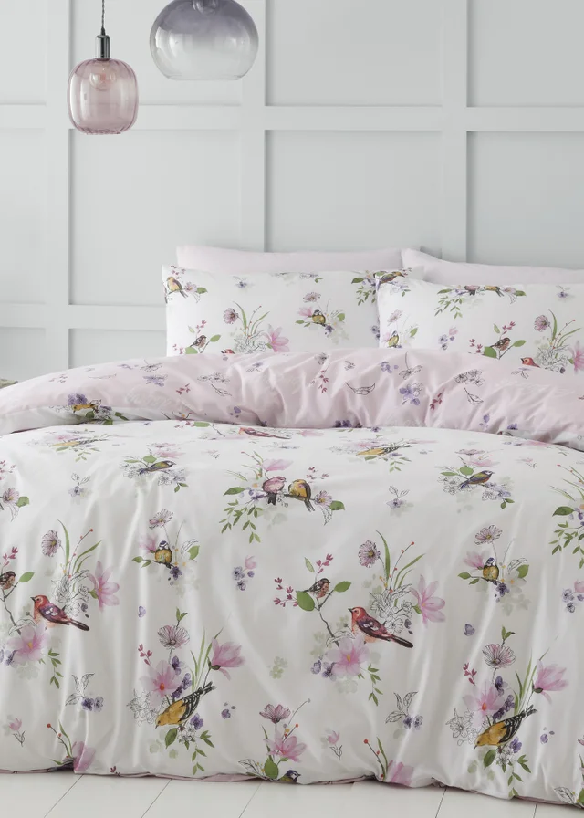 Catherine Lansfield Songbird Reversible Duvet Cover Set Pink