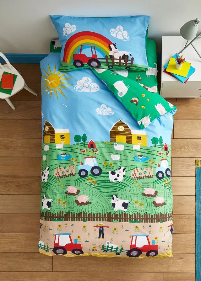 Catherine Lansfield Farmyard Animals Reversible Duvet Cover Set Blue