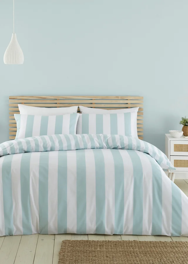 Catherine Lansfield Cove Stripe Reversible Duvet Cover Set Duck egg Blue