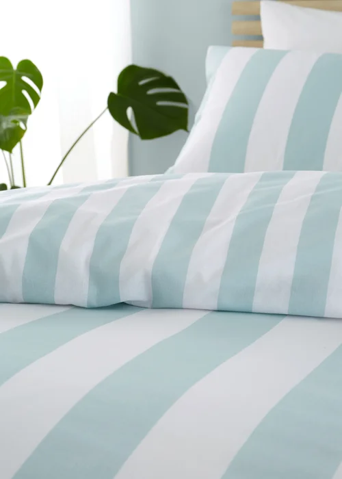 Catherine Lansfield Cove Stripe Reversible Duvet Cover Set Duck egg Blue - Single Image 4