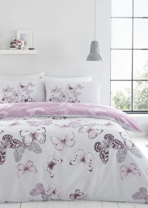 Catherine Lansfield Scatter Butterfly Reversible Duvet Cover Set Heather - Single Image 1