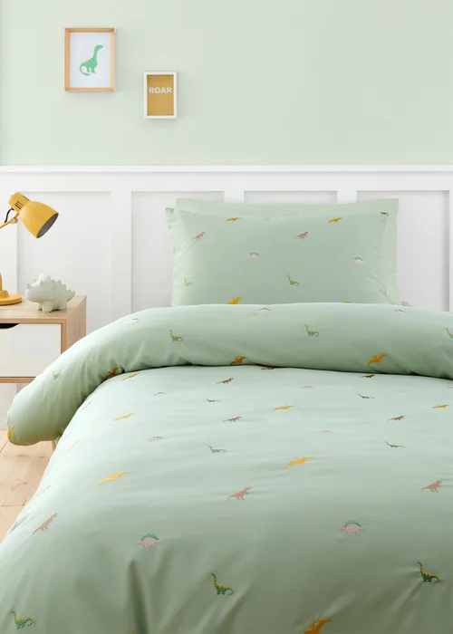Catherine Lansfield Embroidered Dinosaur Duvet Cover Set - Single Image 1