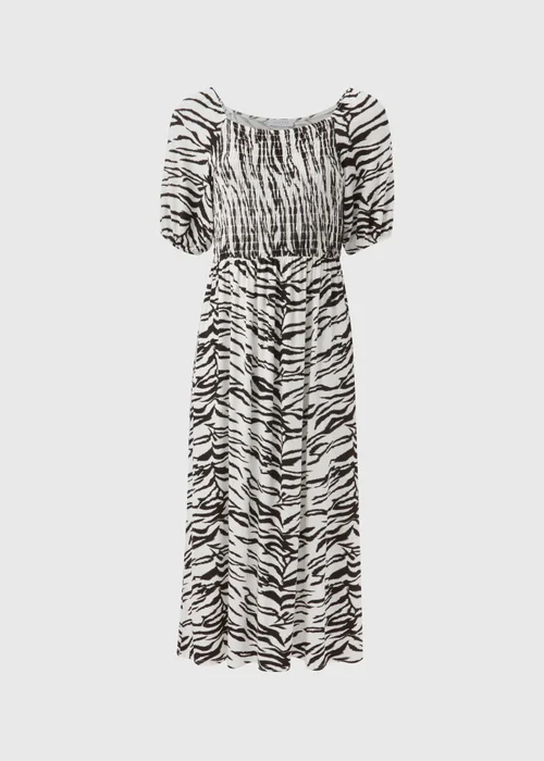 Black Animal Print Shirred Bodice Midi Dress - Size 8 Image 5