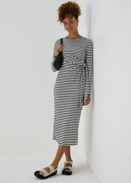 Black Mono Stripe Tie Side Midi Dress - Size 8 Image 1