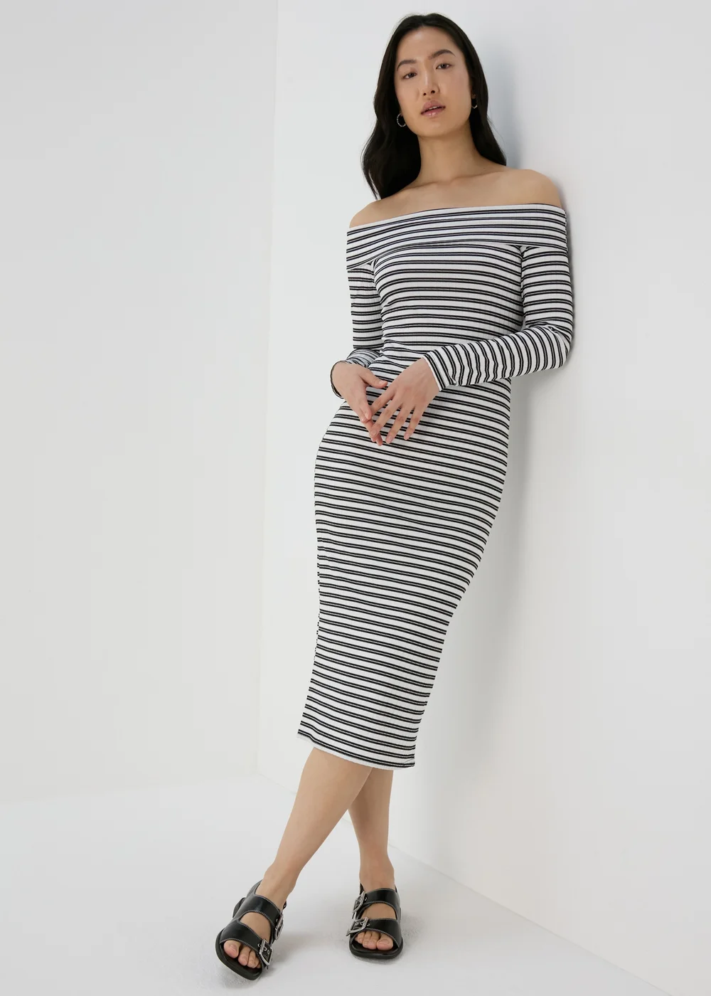 Black Mono Ribbed Bardot Dress - 8 Image 1
