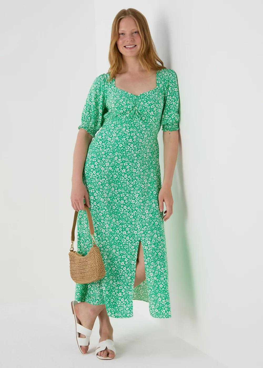 Green Floral Ruched Front Midi Dress - 8 Image 4