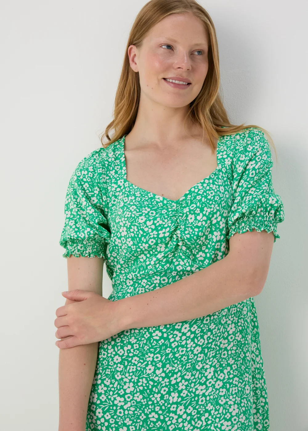 Green Floral Ruched Front Midi Dress - 8 Image 3