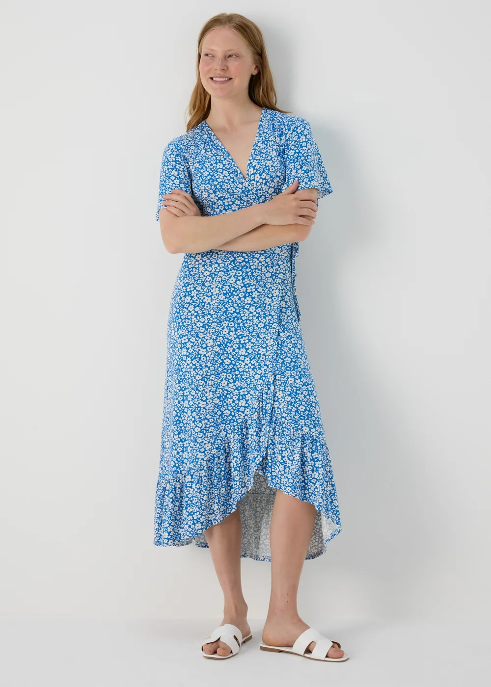 Blue Floral Frill Hem Wrap Dress - 8 Image 1