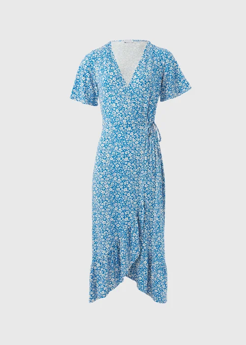 Blue Floral Frill Hem Wrap Dress - 8 Image 5