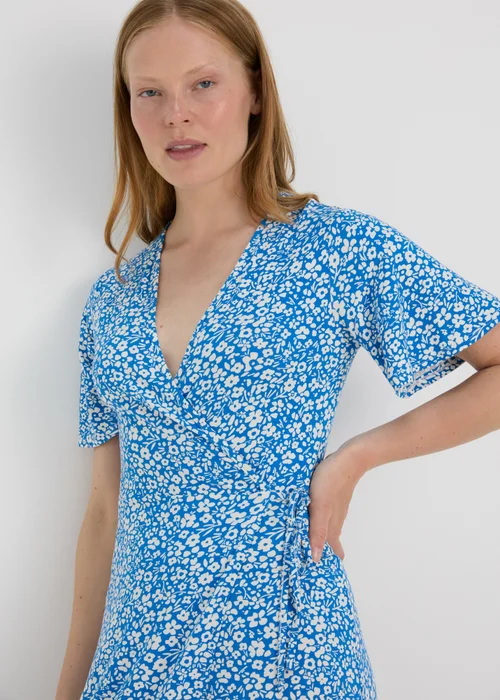 Blue Floral Frill Hem Wrap Dress - 8 Image 3
