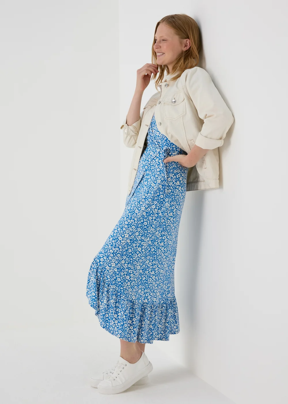 Blue Floral Frill Hem Wrap Dress - 8 Image 4