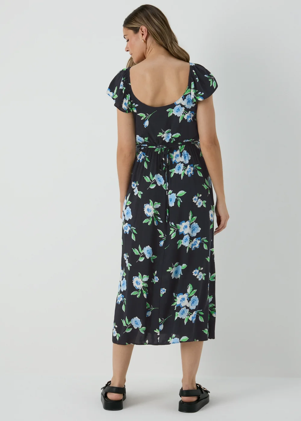 Black Floral Flutter Sleeve Midi Dress - 8 Image 2