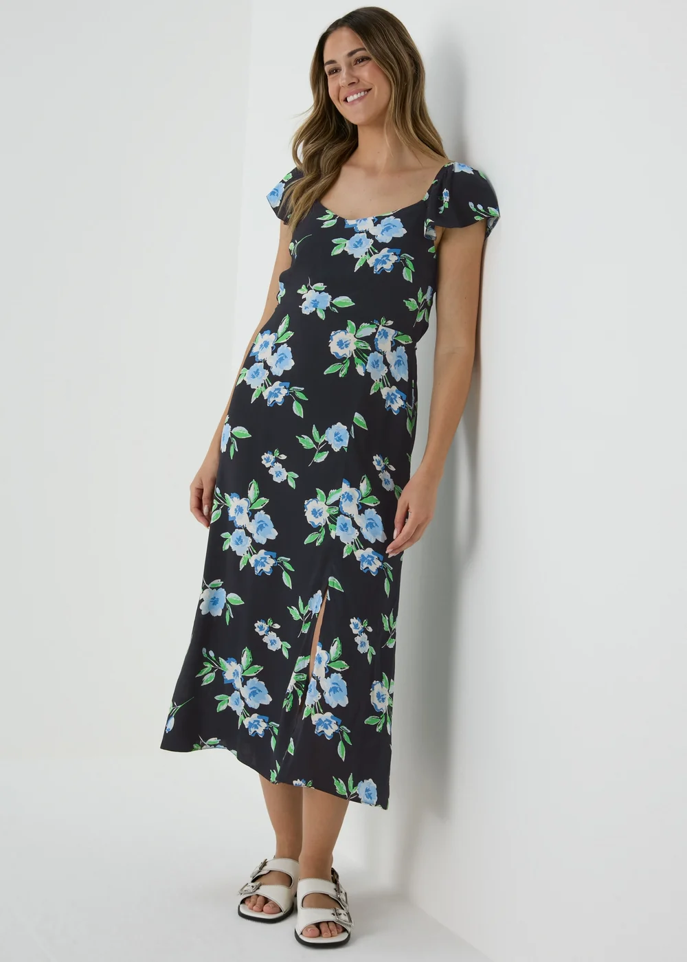Black Floral Flutter Sleeve Midi Dress - 8 Image 4