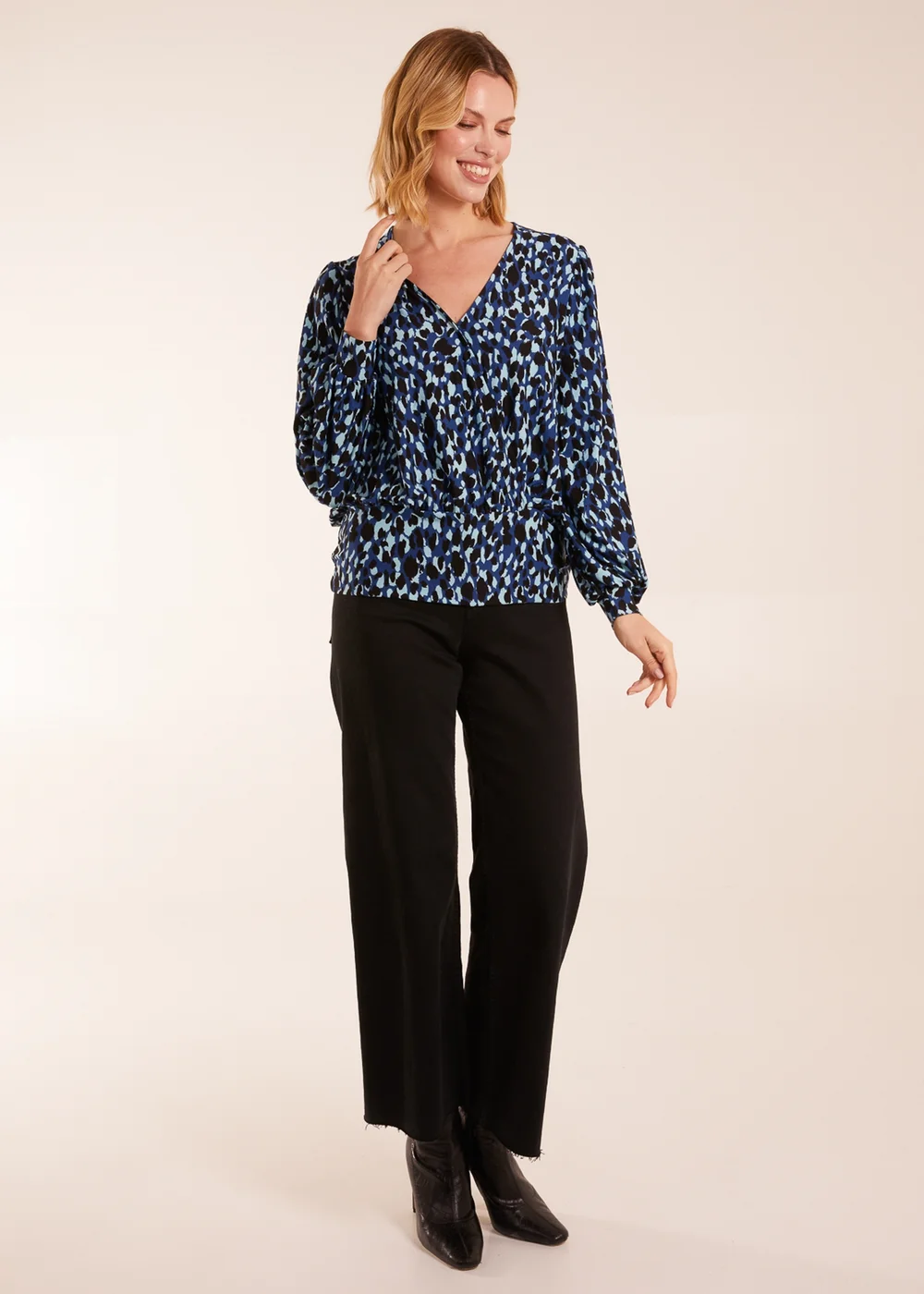 Blue Vanilla Leopard Print Wrap Front Geometric Deep Hem Band Top - S Image 3