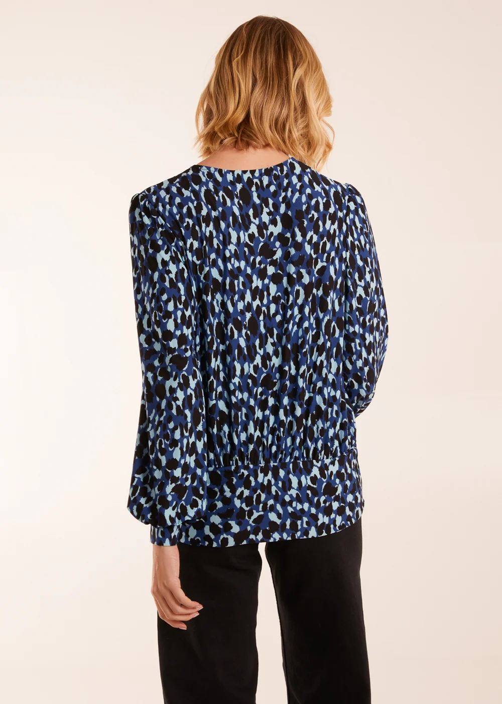 Blue Vanilla Leopard Print Wrap Front Geometric Deep Hem Band Top - S Image 4